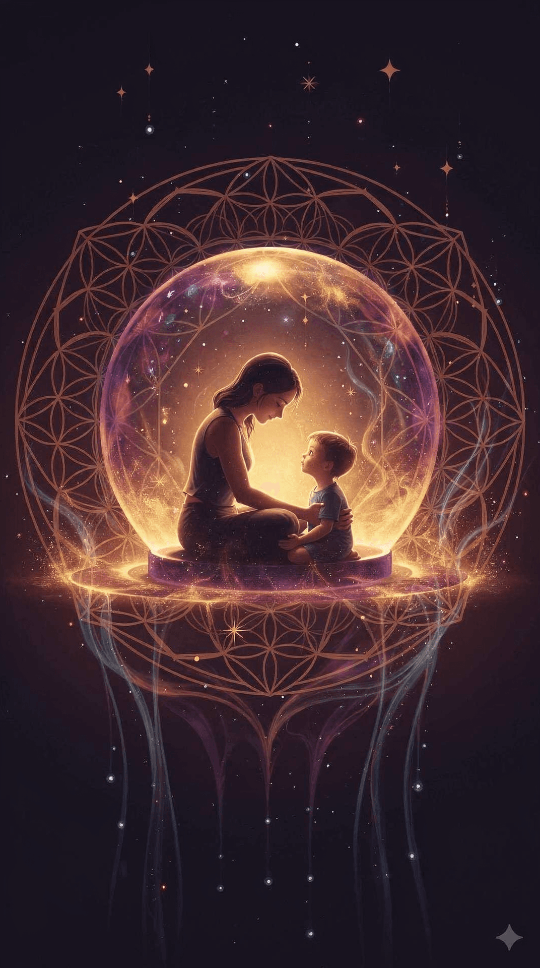 Parent and child surrounded by protective healing light and sacred geometry
