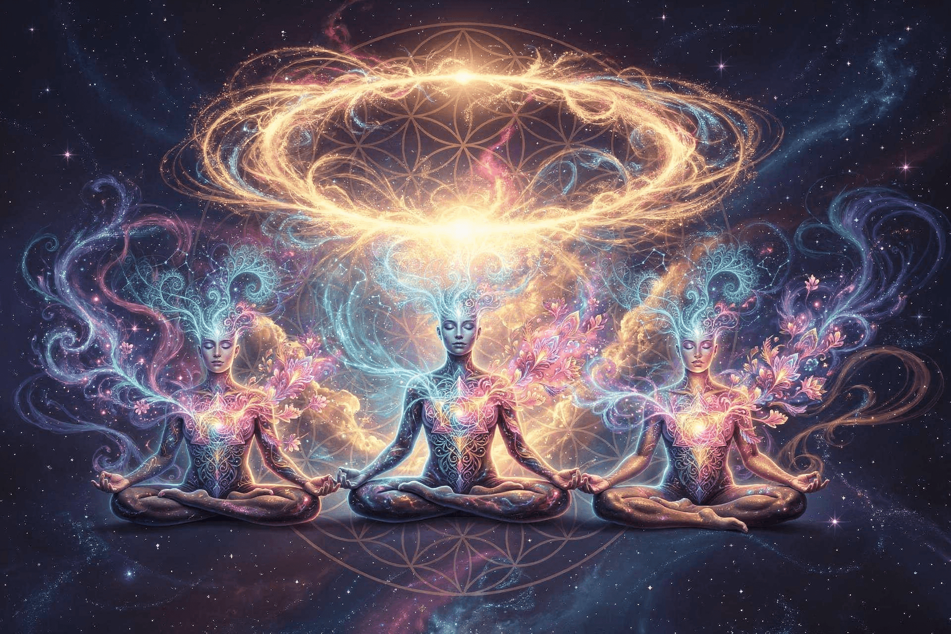 Group of healers in collective meditation, energy fields interweaving