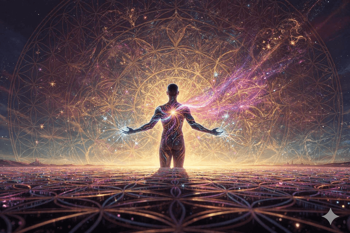 A figure standing with arms outstretched in an expansive field of sacred geometry and starlight