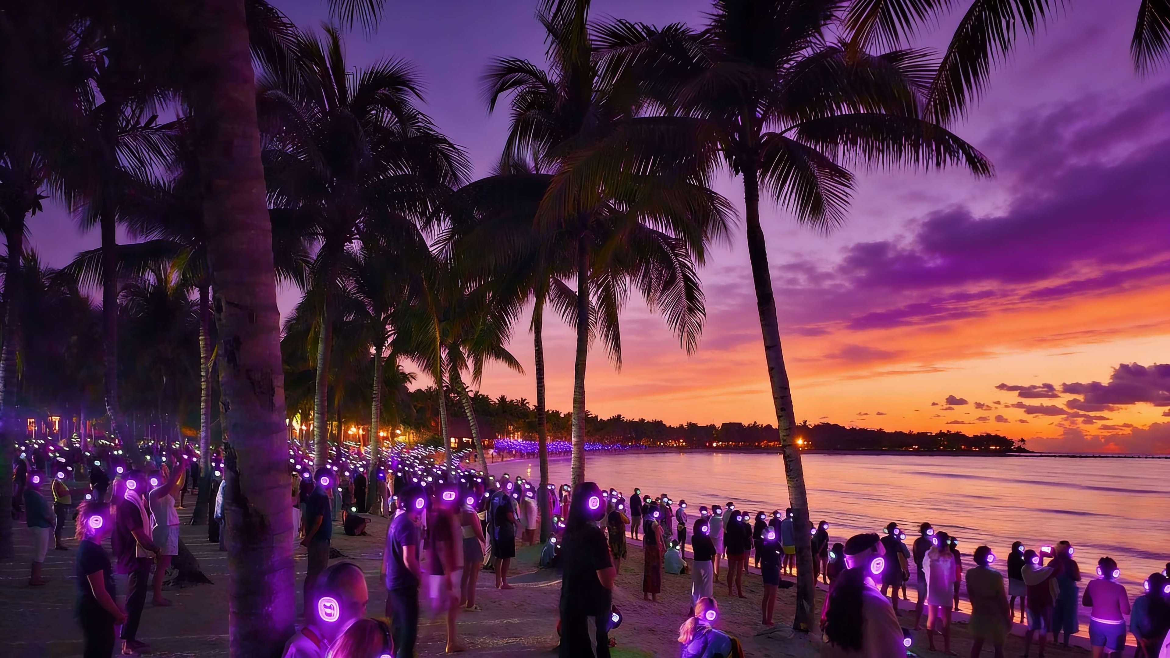 Hundreds of healers gathered on a tropical beach at sunset, glowing with purple light
