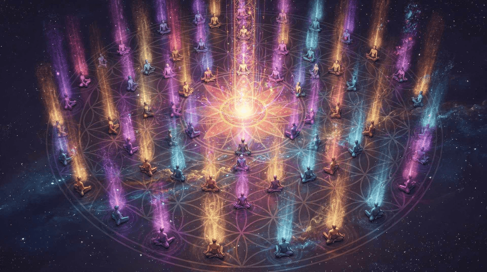 Hundreds of healers arranged in sacred geometry formation, viewed from above